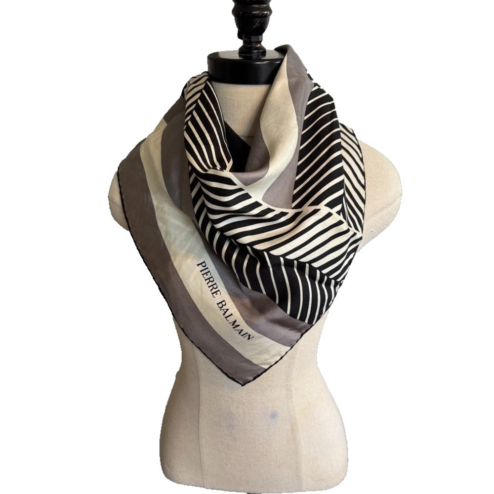 Pierre Balmain Vintage 1980s Silk Scarf 30" Geometric Black White Gray Italy